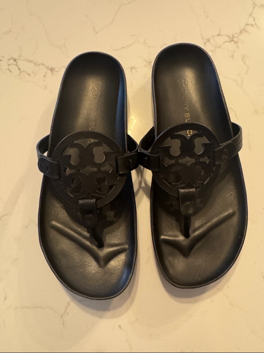 Tory Burch Black Miller Circular Logo Leather Thong Sandals